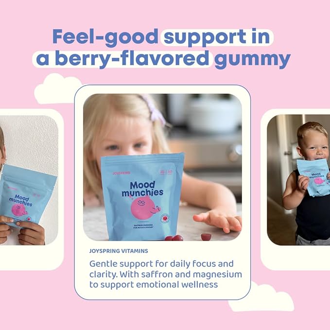 JoySpring Mood Munchies Saffron Gummies for Kids 4+ | Saffron Extract Supplement with GABA, Passion Flower & St Johns Wort | Sugar Free Vegan Brain Support & Kids Focus Gummies | Crafted in USA