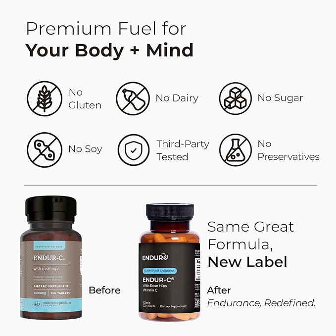 ENDUR-C - Vitamin C + Rose Hips - SR (Sustained Release) 500 mg - Supports Immune Health & Collagen Production - Gentle Digestion with Optimal 5–7 Hour Absorption Delivery - 200 Tablets