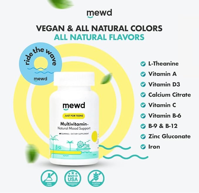 MEWD Teen and Kids Mood Support Multivitamin Gummies - Natural Focus & Calm with L-Theanine, Vitamins A, C, D3, B6, B9 & B12, Plus Zinc & Iron - Vegan Immune Booster, Gluten-Free Brain Health