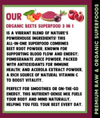 Cherie Sweet Heart USDA Organic Beets Superfood Powder, 3-in-1 Nitric Oxide, Support Healthy Blood Pressure and Blood Circulation, 283g (10 oz, Beets Superfood)