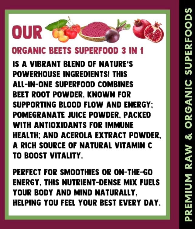 Cherie Sweet Heart USDA Organic Beets Superfood Powder, 3-in-1 Nitric Oxide, Support Healthy Blood Pressure and Blood Circulation, 283g (10 oz, Beets Superfood)