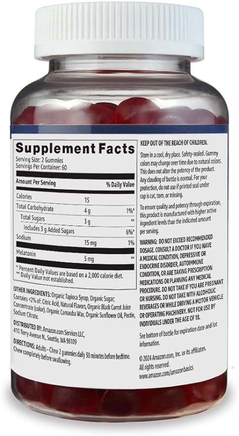 Amazon Basics Melatonin, Sleep Support Gummies, Strawberry Flavor, 5mg, 120 Count (Previously Solimo)