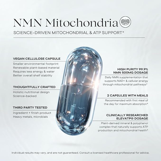 NMN Mitochondria Supplement - NMN 500mg, NAD+ & ATP Support for Cellular Vitality and Longevity - Clinically Tested elevATP, Resveratrol, CoQ10, Alpha Lipoic Acid - 90 Veggie Capsules