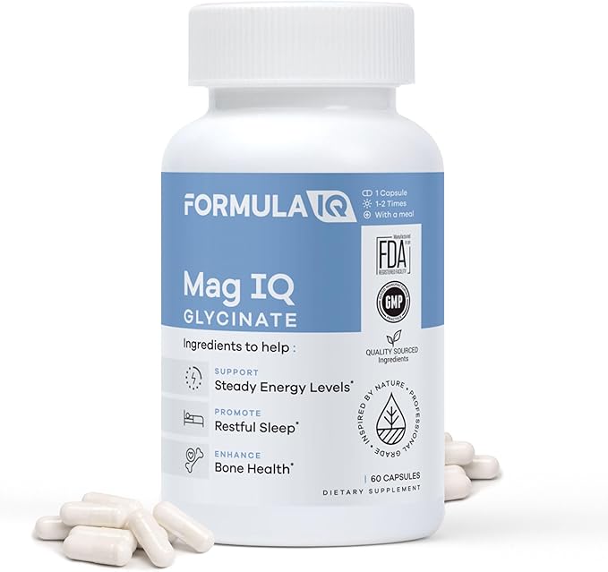 Formula IQ - Mag IQ Glycinate - Magnesium Bisglycinate Chelate TRAACS - High Absorption Magnesium Glycinate Supplement - Sleep, Daily Energy, & Bone Wellness - 60 Capsules