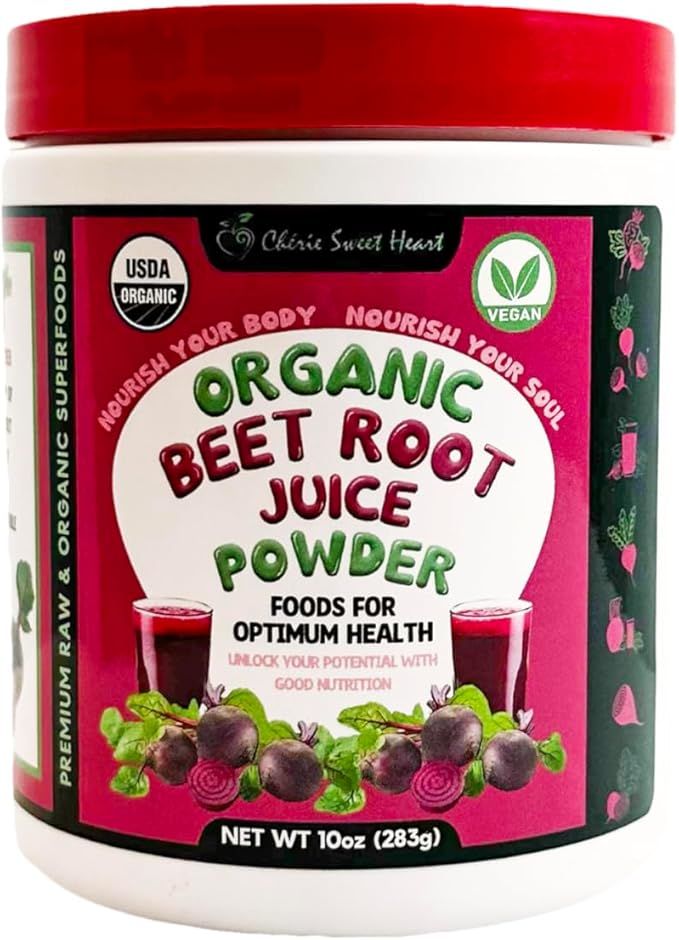 Cherie Sweet Heart USDA Organic Beet Root Juice Powder, Natural Nitrates for Energy, Flavor for Beverage and Smoothie, Water Soluble, No GMO, Vegan Friendly, 283g (10 Ounces)