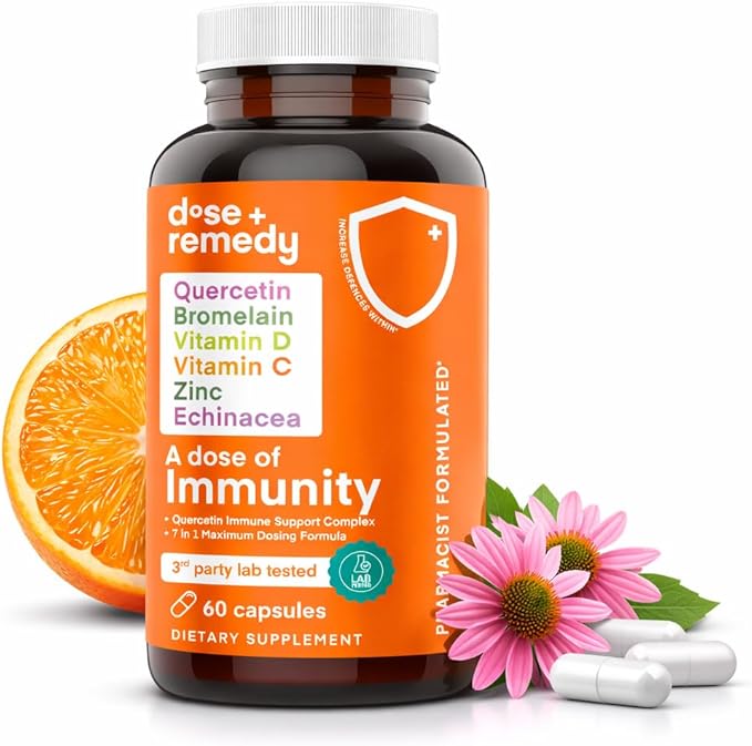 A Dose of Immunity - 7 in 1 Quercetin 500mg Supplement with Bromelain, Zinc, Vitamin C, Vitamin D & Vitamin B Complex Echinacea Immune Support Booster Supplements - (60 Count)