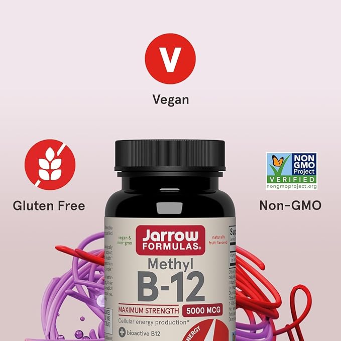 Jarrow Formulas Methyl Vitamin B12 5000 mcg - 60 Chewable Tablets, Naturally Fruit Flavored- B12 Vitamin, Brain Health & Metabolism - 60 Servings (Pack of 2)
