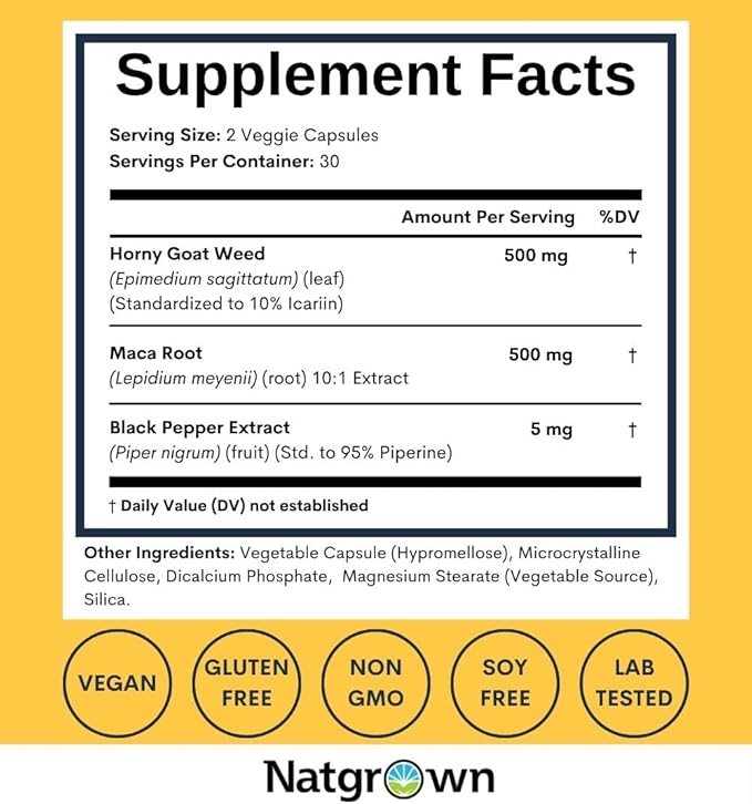 Natgrown Horny Goat Weed and Maca Root Extract Supplement for Men & Women (Epimedium Extract, Hornygoatweed) Vegan Capsules - 60 Ct