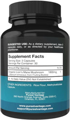 Lions Mane Mushroom Capsules - 1800mg Lion's Mane Mushroom Supplement Grown in USA - Nootropic Brain Supplement and Immune Support - 90 Veggie Caps