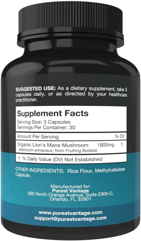 Lions Mane Mushroom Capsules - 1800mg Lion's Mane Mushroom Supplement Grown in USA - Nootropic Brain Supplement and Immune Support - 90 Veggie Caps