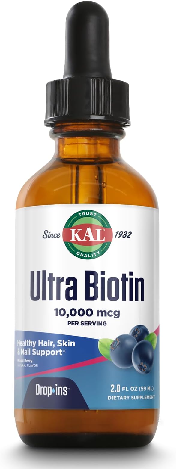 KAL Ultra Biotin 10,000mcg DropIns -Liquid Biotin Drops- High Potency Vitamin B7 - Hair, Skin, and Nails Vitamins, Cellular Energy Support - Natural Berry Flavor - 60-Day Guarantee - 59 Servings, 2oz