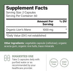 Organic Lions Mane Supplement (1000mg), 2-Month Supply Lion's Mane Mushroom Supplement Extract to Support Focus, Memory (120 Capsules)