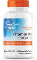 Doctor's Best Vitamin D3 2000 IU Softgels for Men & Women - Vitamin D Supplement for Immune System & Heart Health Support, 50 mcg per Serving, Vit D 3, Non GMO, Gluten & Soy Free - 180 Veggie Softgels