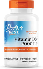 Doctor's Best Vitamin D3 2000 IU Softgels for Men & Women - Vitamin D Supplement for Immune System & Heart Health Support, 50 mcg per Serving, Vit D 3, Non GMO, Gluten & Soy Free - 180 Veggie Softgels