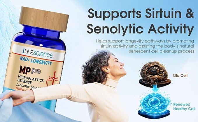 1LifeScience NAD+ Longevity Microplastics Defense Support Supplement – Probiotic Blend with NMN – Supports Digestive & Cellular Health – cGMP Made in USA – 60 Veggie Capsules