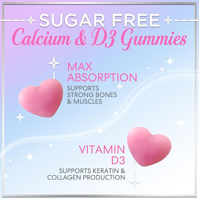 Calcium Gummies with Vitamin D3 10 mcg per Serving - Sugar Free Calcium Supplements for Bone Strength, Teeth & Immune Health Support - Natural Chews, Berry Flavored & High Absorption - 60 Gummies