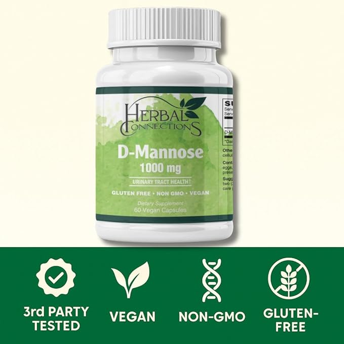 Herbal Connections D-Mannose 1000mg, Veg Capsules, Urinary Tract Cleanse & Bladder Support, 60 Count, Pure Non-GMO Cranberry-Free Monosaccharide, 30 Servings