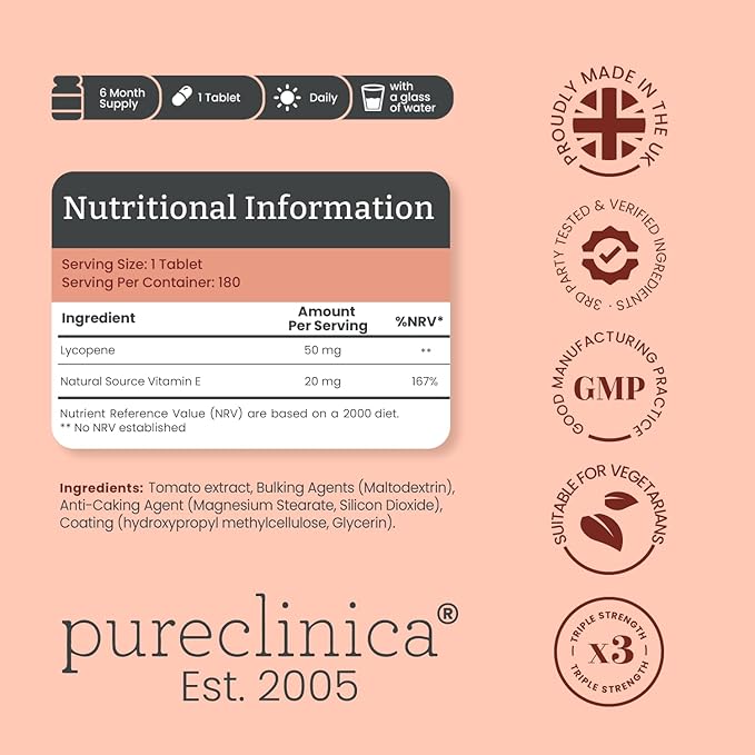 pureclinica Lycopene Supplement 50mg – High Strength Tomato Extract Antioxidant – 360 Tablets (1 Year Supply) – Prostate Health, Heart, Eye & Skin Support – GMO Free