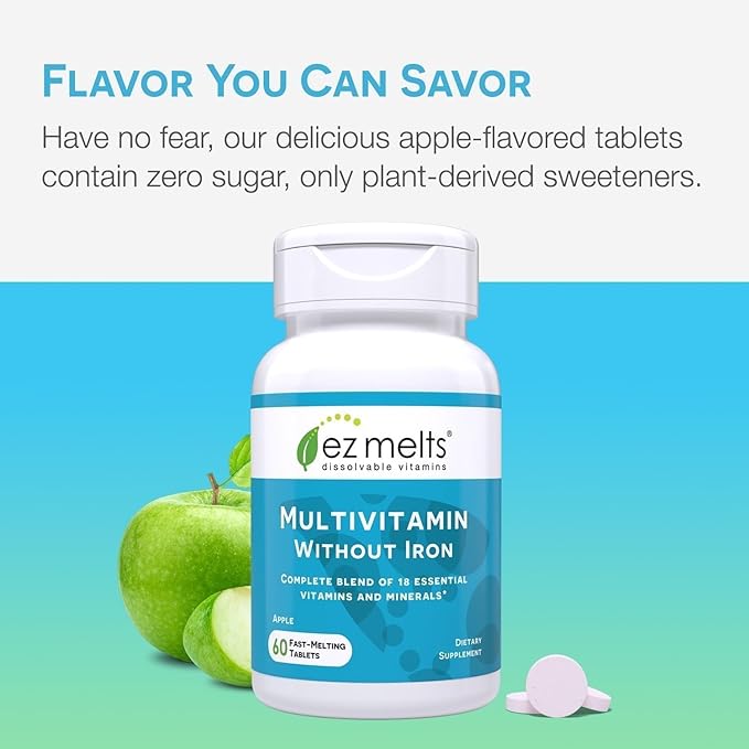 EZ Melts Multivitamin Without Iron - Daily Supplement with 18 Vitamins & Minerals - Contains Vitamin C, Folate, Biotin & More - Non-GMO & Vegan - Apple - 120 Dissolvable Tablets (60 Servings)