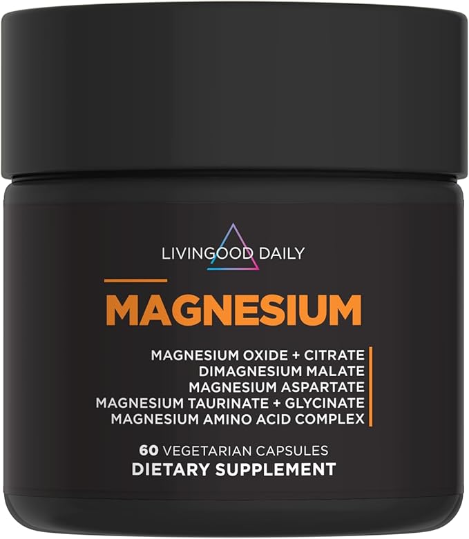 Livingood Daily Magnesium Supplement with Magnesium Glycinate, Citrate, Malate, Oxide, Aspartate, Amino Acid Complex and Chicory Root for Heart Health, Sleep and Muscle Support, 300mg, 60 Capsules