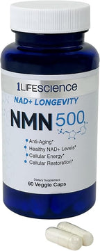 1LifeScience NMN500 Nicotinamide Mononucleotide Supplement – 500mg per Serving – NAD+ Longevity & Cellular Energy Support – cGMP Made in USA – 60 Veg Capsules