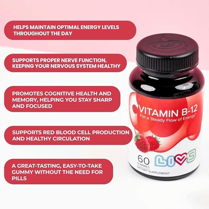 LIVS Vitamin B12 Gummies for Adults & Kids | Vegan Methylcobalamin B12 Supplement | Energy, Metabolism & Nerve Support | Raspberry Flavor | Non-GMO, Gluten-Free, Pectin-Based | 60 Count