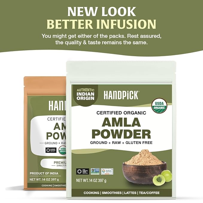 HANDPICK Organic Amla Powder (14oz) Amalaki, USDA Organic, Non-GMO | 100% Raw and Natural - Lab Tested for Purity | Indian Gooseberry Powder | Resealable Zip Lock Pouch