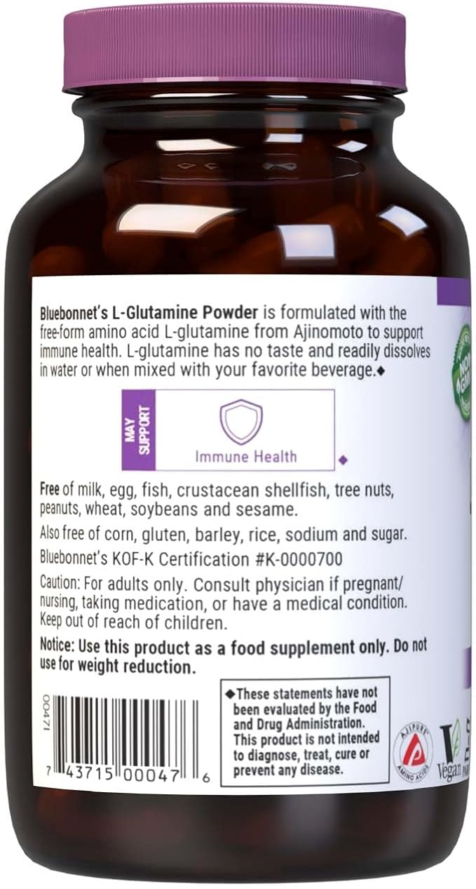 Bluebonnet Nutrition L-Glutamine Powder 5000mg, Supports Immune Function*, Nitrogen Transporter*, Soy-Free, Gluten-Free, Non-GMO, Kosher Certified, Vegan, 4 oz Bottle, 23 Servings
