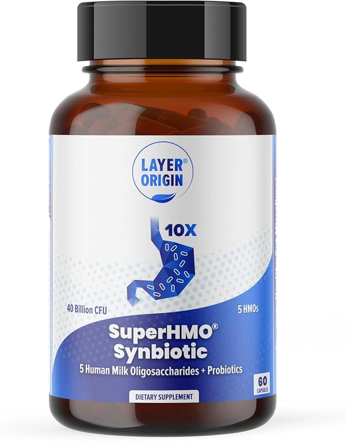 Layer Origin SuperHMO: Synbiotic Capsules with 5 HMO Prebiotics & 40 Billion CFU Probiotics - Bifidobacteria & Lactobacillus, 60 Count