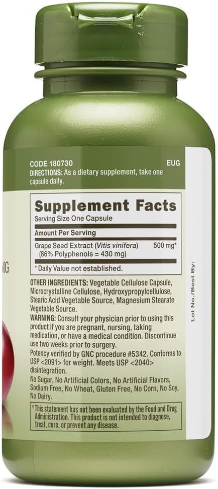 GNC Herbal Plus Grape Seed Extract 500mg Supplement, Extra Strength, Vegetarian, 60 Servings