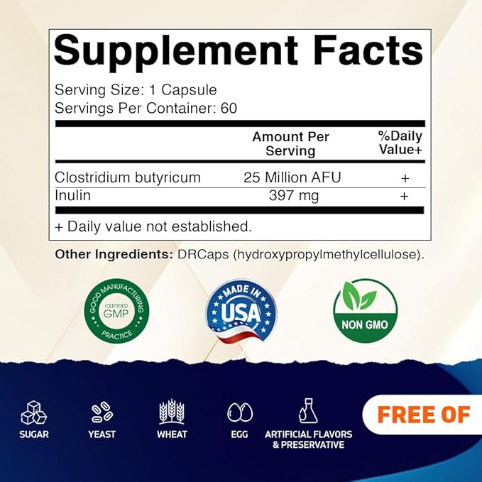Vitamatic Clostridium butyricum 25 Million - Gut Health - 60 DR Capsules (Delayed Released) - Made with Prebiotic Inulin Fiber