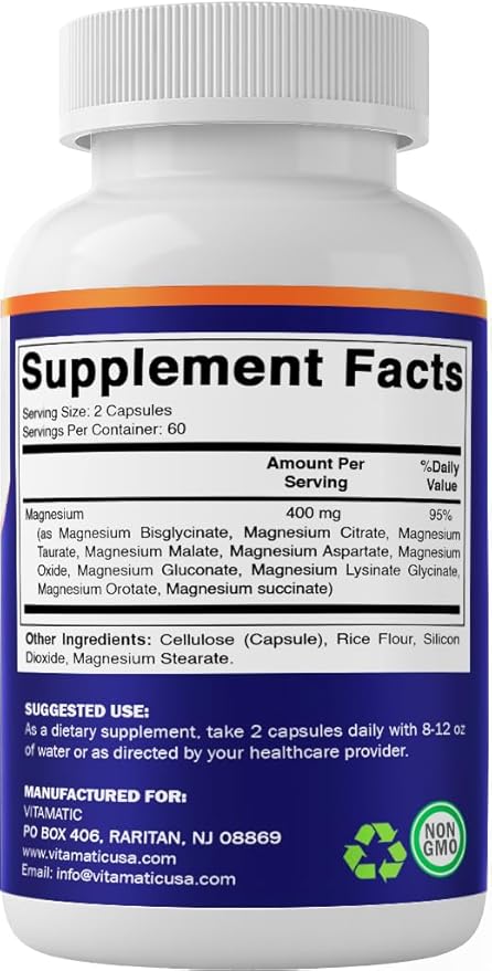 Vitamatic Magnesium Complex, 400mg Elemental MG (as Bisglycinate, Citrate, Taurate, Malate, Aspartate, Oxide, Gluconate, Lysinate Glycinate, Orotate, Succinate) - 120 Capsules per Pack - 2 Pack
