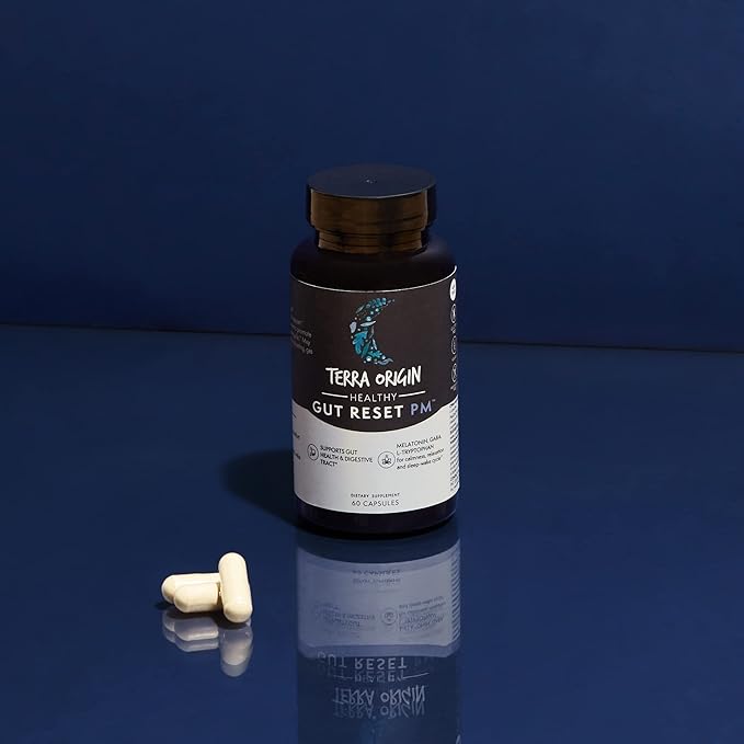 TERRA ORIGIN Healthy Gut Reset PM | 60 Veggie Capsules | Natural Sleep Aid Supplement for Sleep & Wake Cycles | GABA, L-Theanine, Melatonin, L-Glutamine, Licorice Root, Slippery Elm Root
