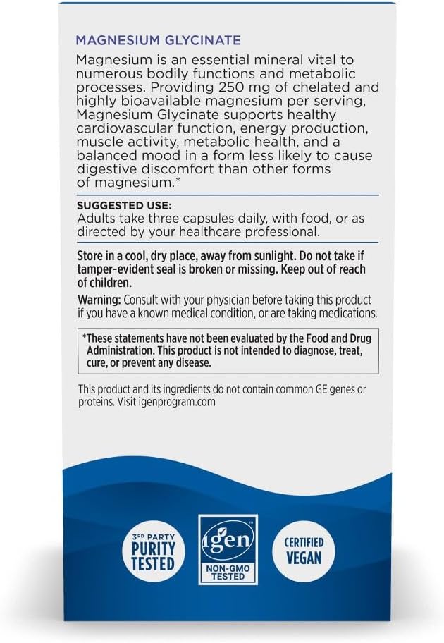 Nordic Naturals Vegetarian Magnesium Glycinate Capsules, Unflavored, 90 Count - 250mg Magnesium per Serving - Highly Bioavailable Support for Muscle & Cardiovascular Function - Non-GMO - 30 Servings