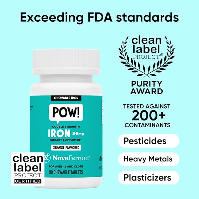 NovaFerrum Pow | Chewable Iron Supplement for Kids & Adults Ages 12 and Over | Anemia | 36mg of Iron | 90 Servings | Sugar Free