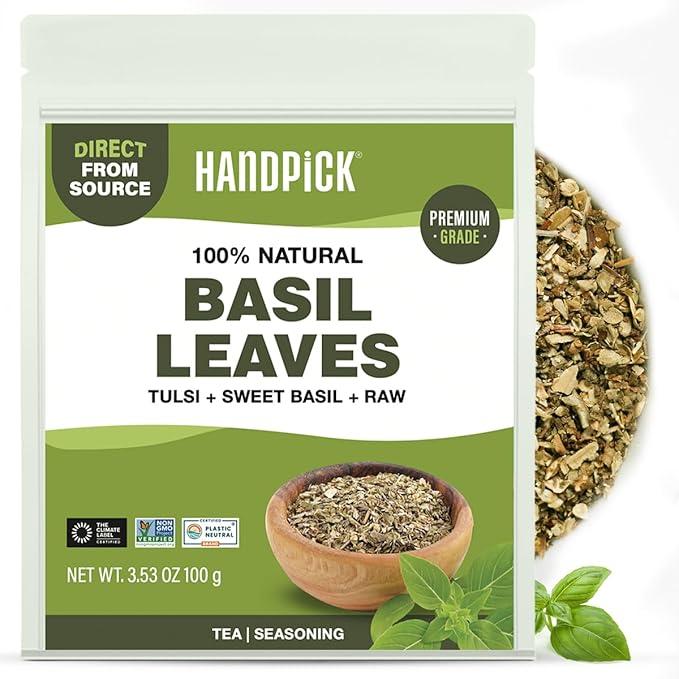 HANDPICK Dried Basil Leaves 40 Servings (100g/ 3.5oz) Non GMO, Gluten Free, 100% Raw Whole Tulsi Leaf, Sourced from India, Premium Quality, Packed in Resealable Ziplock Pouch