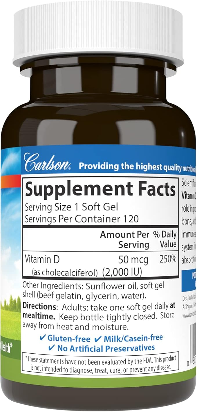 Carlson - Vitamin D3, 2000 IU (50 mcg), Immune Support, Bone Health, Muscle Health, Cholecalciferol, Vitamin D Supplements, Vitamin D3 Soft Gels, 120 Softgels