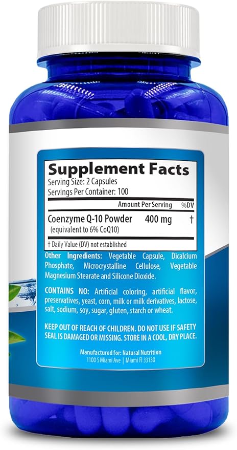 Natural Vitamin CoQ10 400mg 200 Capsules Maximum Strength High Absorption Gluten Free Non-GMO
