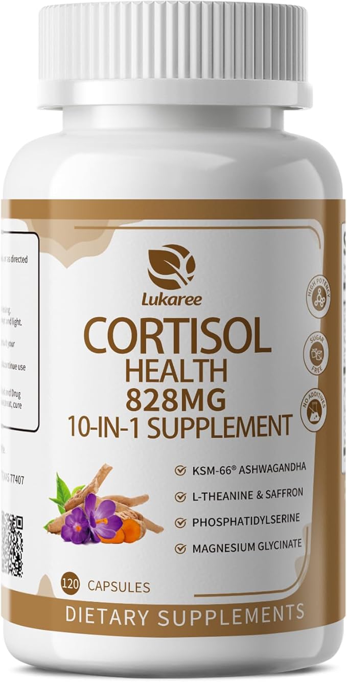 10-IN-1 Cortisol Supplements w/ KSM-66® Ashwagandha 300mg + L-Theanine 250mg, Magnesium Glycinate, Saffron, Phosphatidylserine, Turmeric & Vitamin C D3 B6 B5, For Women Men, 120 Capsules 60-Day Supply