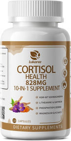 10-IN-1 Cortisol Supplements w/ KSM-66® Ashwagandha 300mg + L-Theanine 250mg, Magnesium Glycinate, Saffron, Phosphatidylserine, Turmeric & Vitamin C D3 B6 B5, For Women Men, 120 Capsules 2 Pack
