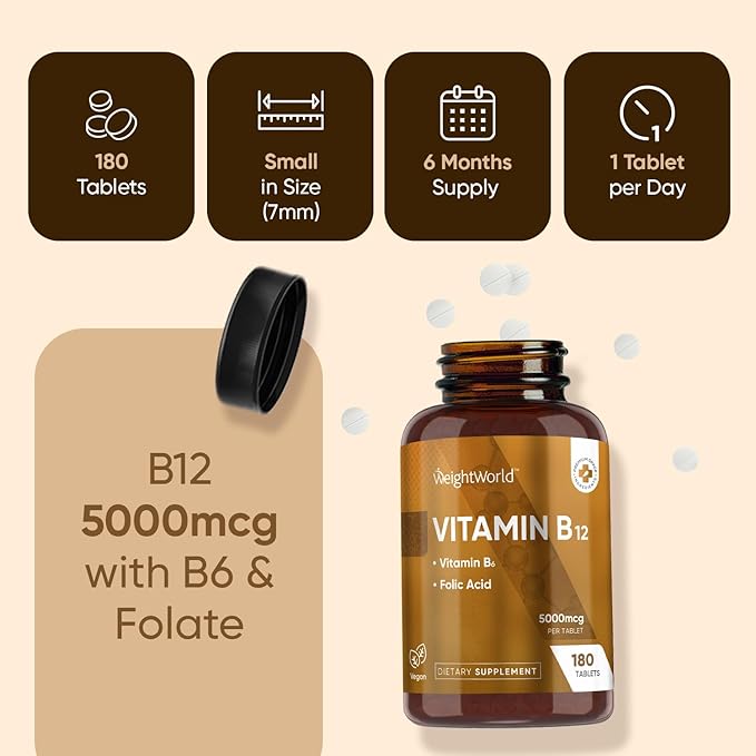 WeightWorld Vegan B12 Vitamin 5000mcg | 6-Month Supply | Vitamin B12 Methylcobalamin Form with Added Vitamin B6 & B9(Folic Acid) | Vitamin B Complex for Women & Men| 1-a-Day VIT B12 Supplement