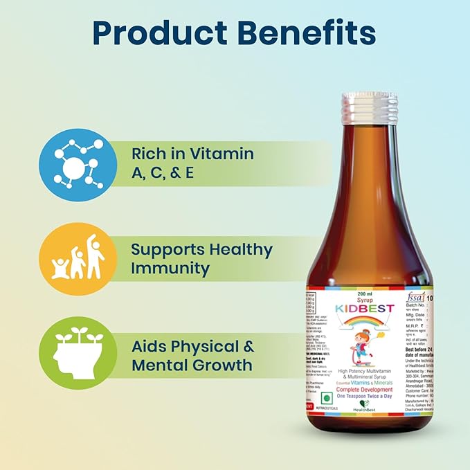 Kidbest Multivitamin Syrup for Kids 3-13 Years – Liquid Formula with 20 Nutrients for Appetite, Immunity, and Growth – Tasty Daily Vitamins for Stronger Kids | Toddler multivitamin for kids|200ml