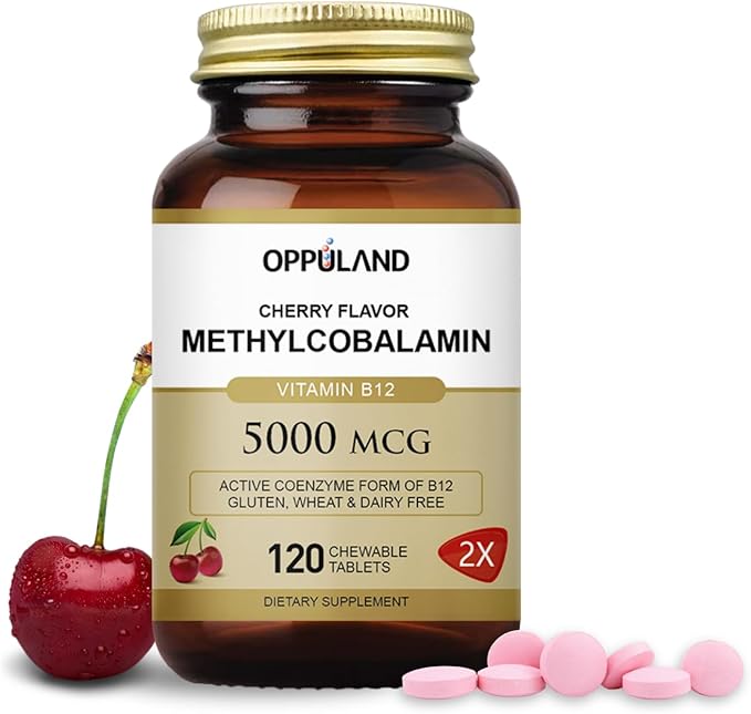 Methyl B-12 5000mcg Chewable with Folate - Vitamin B12 Methylcobalamin Sublingual Tablets - Supports Energy & Brain Function - Vegan Supplement - Cherry Flavor - 120 Count