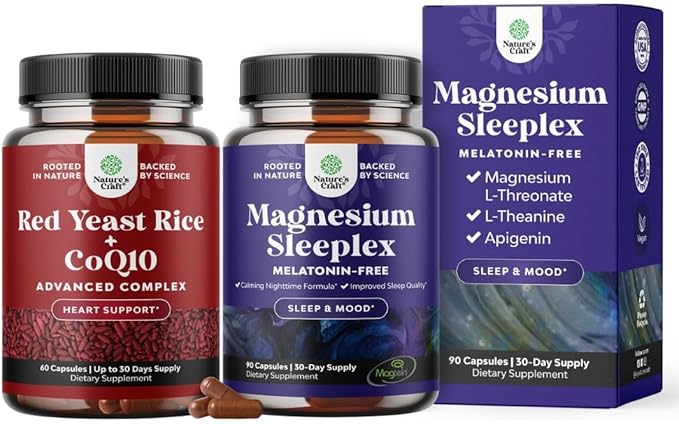Bundle of Red Yeast Rice with CoQ10 Supplement - Advanced Healthy Heart & Cholesterol Levels and High Absorption Magnesium Sleep Supplement - Rest Support Magtein L-Threonate & Apigenin Theanine
