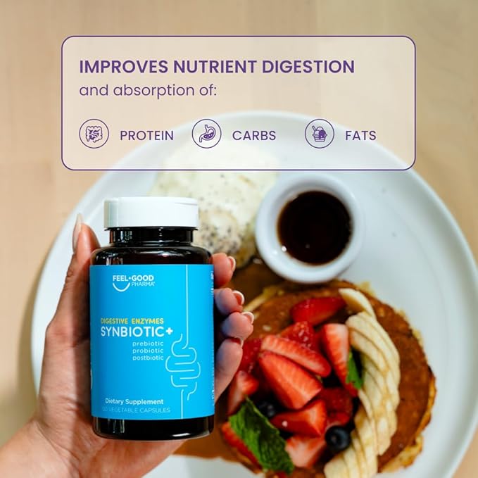 Feel Good Digestive Enzymes 4-in-1 Synbiotic+ – with Prebiotics, Probiotics & Postbiotics – Gut Health, Digestion & Bloating Relief – Pharmacist Formulated for Adults