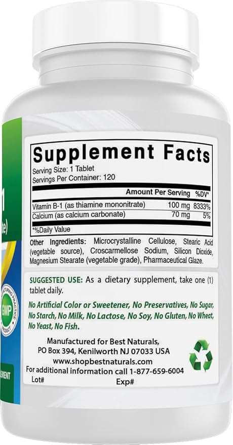 Best Naturals Vitamin B1 as Thiamine Mononitrate 100 mg 120 Tablets (120 Count (Pack of 1))