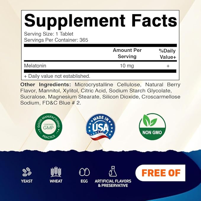 Vitamatic Melatonin 10 mg Fast Dissolve Tablets – Quick-Dissolving Sleep Support Supplement for Adults – Vegetarian, Non-GMO & Gluten-Free – Natural Berry Flavor – 365 Tablets