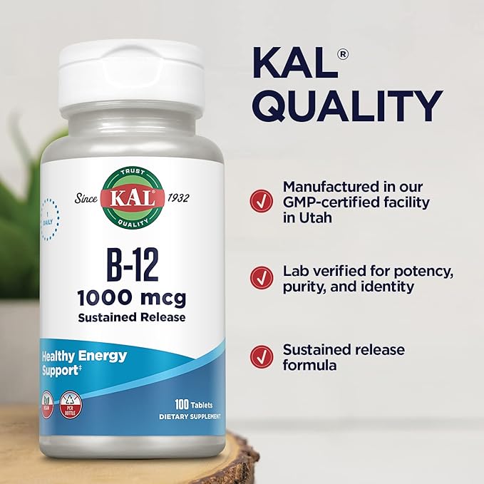 KAL Vitamin B12 1000mcg, Sustained Release Supplement for Healthy Energy, Metabolism, Heart Health, Nerve and Red Blood Cell Support, Long-Lasting Formula, Vegan, 100 Servings, 100 Tablets
