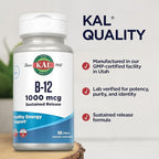 KAL Vitamin B12 1000mcg, Sustained Release Supplement for Healthy Energy, Metabolism, Heart Health, Nerve and Red Blood Cell Support, Long-Lasting Formula, Vegan, 100 Servings, 100 Tablets