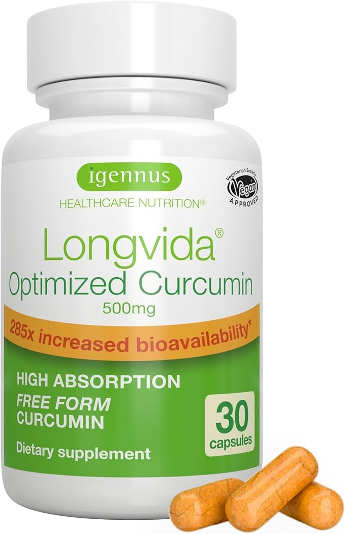 Igennus Longvida Lipidated Curcumin 500mg, Ultra Bioavailable & Sustained Action, 65x Higher Plasma Levels, Intensive Support, Free-Form Curcumin, Vegan, 30 Capsules